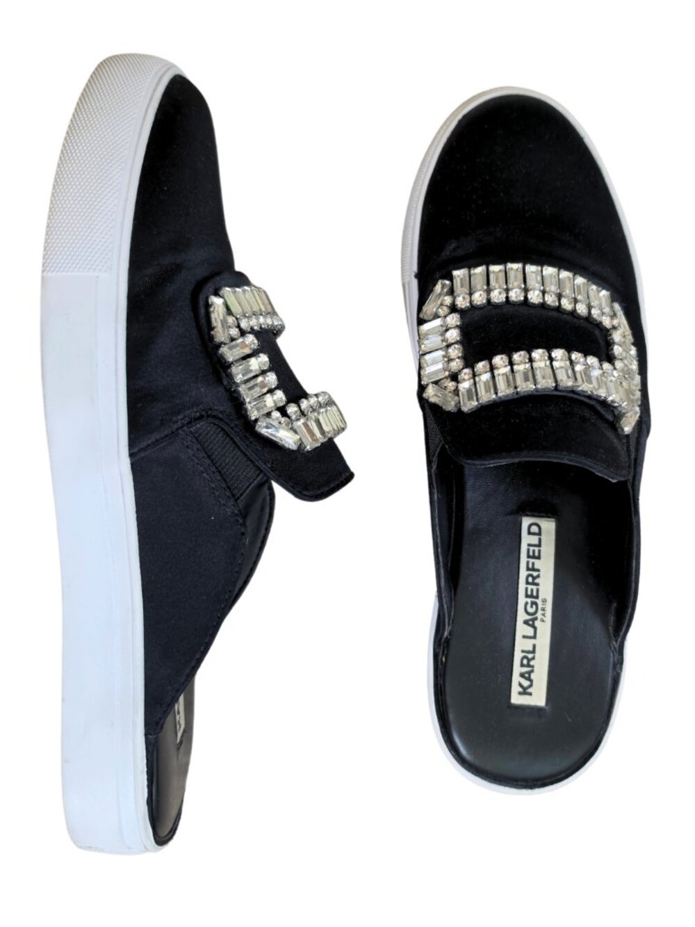 Karl Lagerfeld Paris Black Satin Rhinestone Crystal Buckle Mule Sneakers 7.5